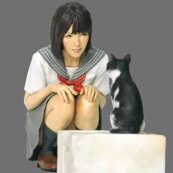 1: 20 Ölçekli Japonya Kız ve Kedi şekilli kalıp Reçine Boyasız Garaj Seti Heykeli