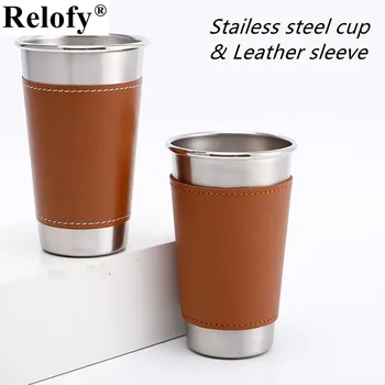 1/6 adet 500 Ml paslanmaz çelik Metal bira kupası ısı yalıtımı ile deri kol kahve süt kupa ofis kahve su bardağı Drinkware
