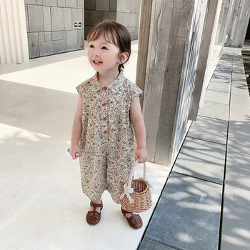 2021 Yaz Kız Tulum Kore Versiyonu Pamuk Bebek Uzun Romper Orta Ve Küçük Çocuk Rahat Kolsuz Giyim
