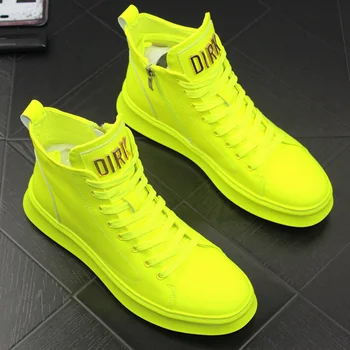 2021 Yeni Floresan erkek Dört Mevsim Moda Parlak Patent deri spor salonu ayakkabısı Erkek Yüksek Top rahat ayakkabılar