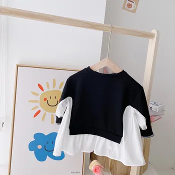 2022 İlkbahar Sonbahar Kız Moda Sahte İki Adet Bluz Bebek Çocuk Çocuk Uzun Kollu Gömlek