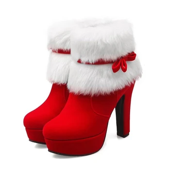 2022 Kış Kadın Botları Noel yarım çizmeler Yüksek Topuklu Bayan Ayakkabıları Femme Sıcak kısa çizmeler Kırmızı siyah ayakkabı Artı Boyutu 35-43