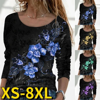 2022 Sonbahar kadın 3D Çiçek baskılı tişört Yuvarlak Yaka Temel Üstleri Gevşek Seksi Uzun Kollu Tişört büyük beden kazak Giyim