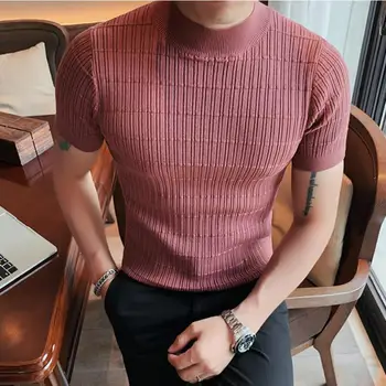 2022 Yaz Örme T - shirt Erkekler İnce Kısa Kollu Kazak Yarım Balıkçı Yaka Casual Tee Üstleri Streetwear Dip Gömlek Giyim