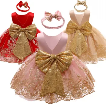 2022 Yeni Kız Elbise Yenidoğan Dantel Prenses Elbiseler Doğum Günü Giyim Noel Tatili Kostüm Bebek Parti Elbise 1-6 yıl Bantlar