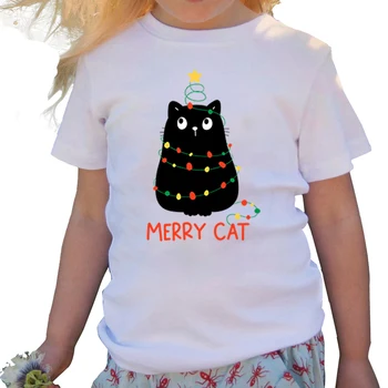 2022 Yeni Siyah Kedi Noel ışık Baskı Kızlar Beyaz Karikatür T-shirt Düz Renk Çocuklar Noel Elemanı çocuk giyim
