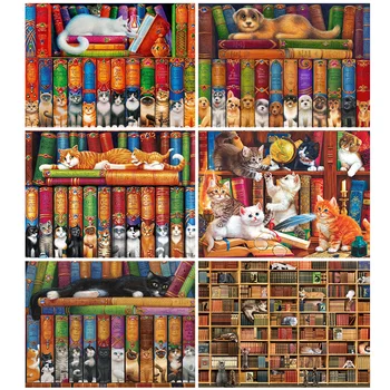 5D DİY Elmas Boyama Çocuk Kedi Kütüphane Büyük Boy Çapraz Dikiş Kiti Mozaik Resim Tam Elmas Nakış Ev Dekor