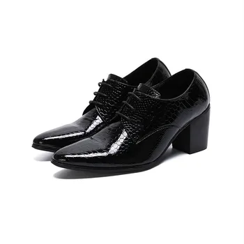 8cm Erkekler Yüksek Topuklu Hakiki Deri Elbise Ayakkabı Lace Up Siyah Oxford Ayakkabı Erkekler İçin Kalın Topuk Yılan Desen Erkek klasik ayakkabı