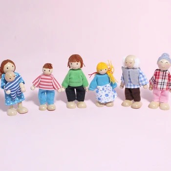 Ahşap oyuncak bebekler Seti Dollhouse Aile Bebek Figürleri Giyinmiş Karakterler Çocuk Çocuklar Oyuncak Hediyeler Pretend