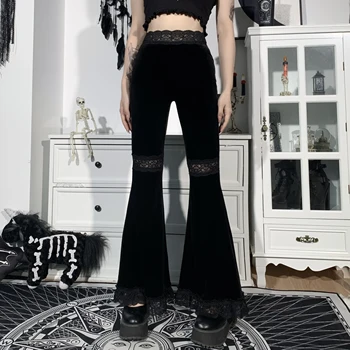 Alışveriş merkezi Goth siyah Pantolon Yüksek Bel Alevlendi Pantolon Estetik Seksi Dantel Patchwork Pantolon Kadınlar Vintage Zarif Kadife Noel Pantolon