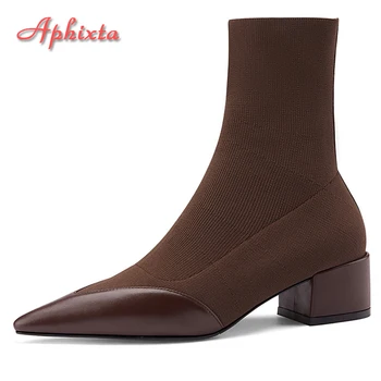 Aphixta 2022 Sivri Burun Yeni 4.5 cm Kare Topuk Çorap Kadın Elastik Bant Streç Pamuklu Kumaşlar Patchwork Ayakkabı