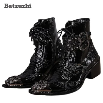 Batzuzhi - 6CM Topuklu Siyah Erkek Botları Punk Tarzı Yakışıklı Çizmeler Sivri Burun Demir Toka Dantel-up Motosiklet Botları EU38-46