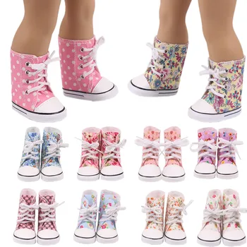 Bebek Ayakkabıları 7 cm Yüksek Top kanvas ayakkabılar 18 İnç Bebek Ayakkabıları 18 İnç Bebek Yeni Doğan oyuncak bebek giysileri Aksesuarları Kız çocuk Oyuncakları