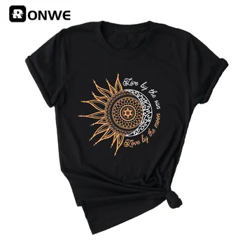 Canlı Güneş Aşk Ay Kadın Komik Baskı T-shirt Yaz Siyah moda üst giyim Tee Kız 90S Harajuku Giysi, damla Gemi