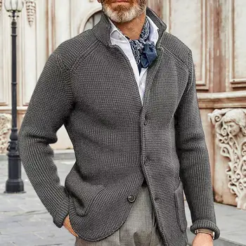 Elastik şık Anti-shrink erkek kazak ceket düğmeleri kış kazak düz renk günlük giyim için