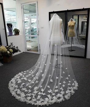 Gelin Peçe Uzun düğün duvağı 3D Çiçekler Çiçek Dantel Beyaz Lüks Yaprakları Peçe İle Gelin için Tarak Velos De Novia Katedrali