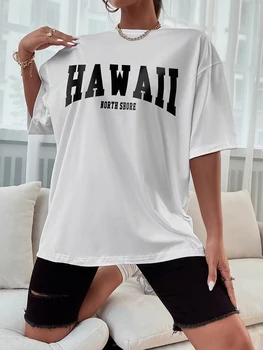 Hawaii Mektup Shore Baskı Tatil Plaj Pamuk T Gömlek İçin Kadın Rahat Crewneck Yarım Kollu Basit Nefes Kadın T-shirt