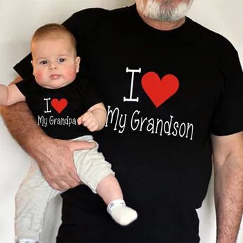 I Love My Büyükbaba ve Torunu Aile Eşleştirme Giyim Siyah T-Shirt Pamuk Kısa Kollu Eşleşen Aile Bak Kıyafetler