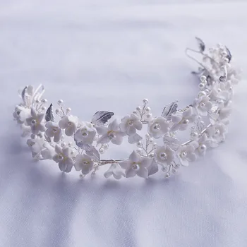 Iki Katmanlar Gelin Taç Seramik Çiçek Düğün Saç Tiara İnciler Takı El Yapımı Gümüş Renk Kadın Hairband
