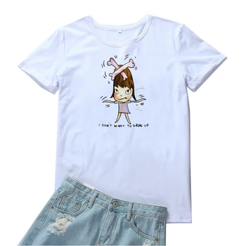 İstemiyorum Büyümek Tee Gömlek Femme Sevimli Karikatür Kız Baskı T-shirt Kadın Kişilik Kadın Tee Kawaii Giyim Tişörtleri Kadın