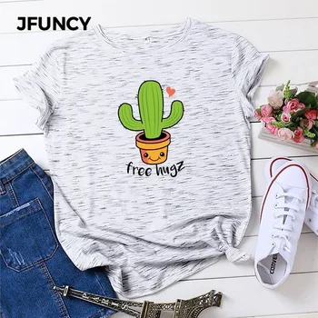 JFUNCY 2020 yazlık t-shirt Kadın T Shirt %100 % Pamuk Kadın Tee Tops Yeni Kaktüs Baskı Kadın Kısa Kollu Pembe Tshirt