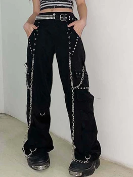 Kadın Punk Baggy Kargo Y2k Baggy Geniş Bacak Pantolon Goth Metal Zincirler Düşük Bel Siyah E Kız Hip Hop 90s Kot Gotik Denim Pantolon