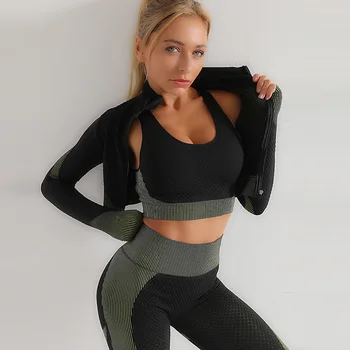 Kadın Spor Yoga Seti egzersiz kıyafetleri Atletik Giyim Spor Salonu Legging Dikişsiz spor sutyeni Kırpma Üst Uzun Kollu yoga kıyafeti