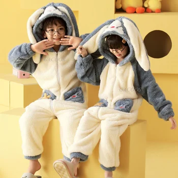 Kalınlaşmak Fanila bebek tulumları Hayvan Onesie Kız Karikatür Kapşonlu Pijama Çocuklar Sıcak kışlık pijama Erkek Mercan Polar Ev Giysileri