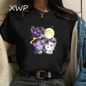 Kawaii Luna Kedi t-shirt Kadın baskılı japon animesi Tshirt kadın Kısa Kollu moda üst giyim streetwear Sevimli Noel T-shirt