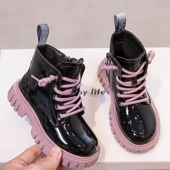 Kız Çizmeler Moda Patent Deri Prenses Ayakkabı Kış Sıcak Büyük Kız yarım çizmeler Su Geçirmez kaymaz Rahat Çocuk Ayakkabı 7-12y