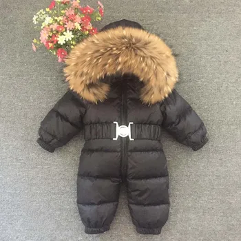 Kış Sıcak Aşağı Bebek Erkek Tulum Kapşonlu Gerçek Kürk Kız Tulumlar Uzun Kollu Unisex Onesie Tulum Toddler Snowsuit Kıyafetler
