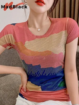 MadBlack Yaz Kore Giyim Elastik T-Shirt Seksi O-boyun Baskı Parlak Elmas Üstleri Kısa Kollu El Yapımı 2022 Tees T26603L