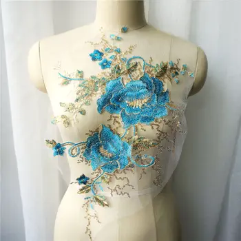 Mavi Şakayık Çiçek Altın Pullu Dantel Kumaş İşlemeli gelinlik Aplikler Örgü Dikmek Yama Elbise İçin DIY Dekorasyon