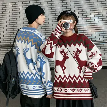 Noel Kazak Çift Kıyafet O-Boyun Kazak Gevşek Kawaii Kış Giysileri Kadın Retro Büyük Boy Kazak Sıcak Uzun Kollu Üst