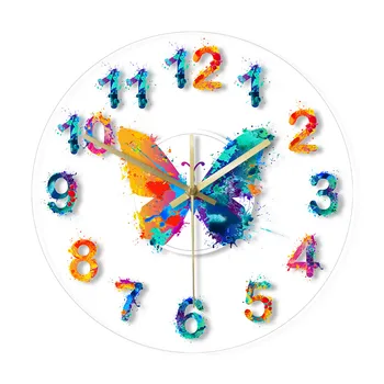 Renkli Sayılar Modern duvar saati Suluboya Kelebek Boyama Sanat Asılı Timepiece Giclee Güzel Sanatlar Baskı Sessiz duvar Saati