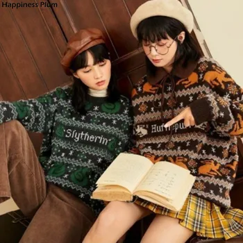 Retro Tasarım Kazak Kadınlar Kış Vintage Noel Tarzı Kız Gevşek Kazak Y2K Tiki Tarzı Çift Yuvarlak Boyun Örgü Gömlek