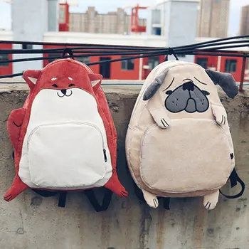 Sevimli Pug Köpek Kadife Sırt Çantaları Kadınlar için Japonya Tarzı Tilki Nakış Okul Çantaları Genç Kızlar için Büyük Seyahat Mochila Kadın