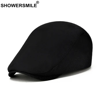 SHOWERSMILE Katı Siyah Bahar Yaz Düz Kap Erkekler ıçin Pamuk İngiliz Tarzı Rahat Bere Retro Ayarlanabilir erkek Ivy Şapka