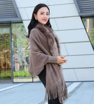 Sonbahar Kış Bayan Pelerinler ve Pançolar Moda Faux Kürk Yaka Kaşmir Kazak Kadın Örme Hırka Panço s1150
