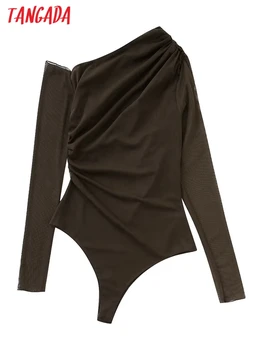 Tangada kadınlar için açık omuzlu Asimetrik Pilili Bodysuits Vintage Uzun Kollu Kadın Playsuist 3H274
