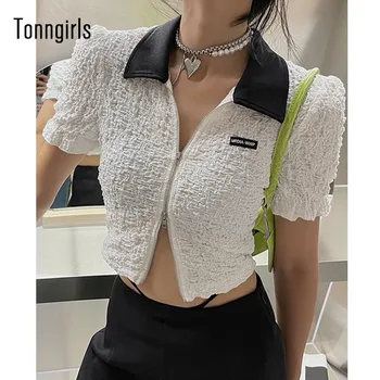 Tonngirls Kadın Polo kısa kollu t-shirt Rahat Polo Kırpma Üst İnce beyaz tişört Gömlek Femme Streetwear Tshirt Kadın Yaz Üstleri