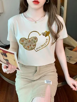 TuangBiang Yaz 2022 Aşk Baskı Mor Pamuklu t-shirt Kore Rahat Kısa Kollu Gevşek Tişörtleri Kadın Bronzlaşmaya sıfır yaka bluzlar