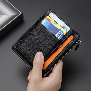Ultra İnce İnce Banka Kredi kimlik kartı tutucu Kadın Erkek Hakiki Deri Mini Fermuar Cüzdan Küçük bozuk para çantaları Para Çantası çanta