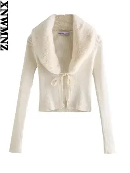 XNWMNZ 2021 Kadın Moda Patchwork Faux Kürk Örme Hırka Kazak Vintage Bağlı Kadın Uzun Kollu Giyim Chic Tops
