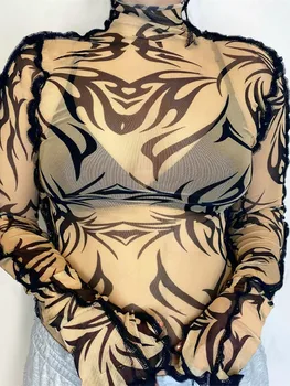 Y2k Kadınlar İçin Tam Kollu Grafik T Shirt Moda Estetik Elbise Balıkçı Yaka See Through Seksi Kadın Tişörtleri Egirl Tees
