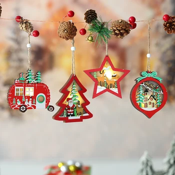 Yaratıcı led ışık Yılbaşı Ağacı Asılı Kolye Yıldız Araba Yuvarlak Ahşap Süs Noel Noel Partisi Yeni Yıl Dekorasyon 2023