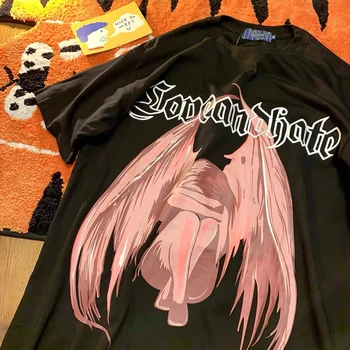 Yaz kadın T-shirt Vintage Goth Baskı Kısa Kollu Tee Gömlek Kadın Hip Hop Y2k Anime Büyük Boy T-Shirt Gevşek Punk Rahat Üst