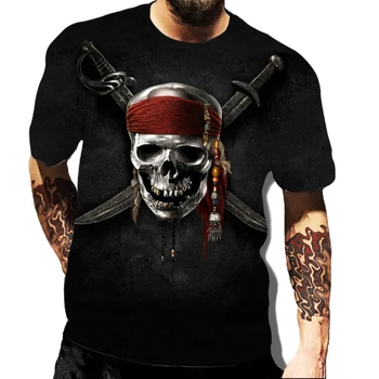 Yaz Retro Eğilim Kafatası baskılı tişört Rahat O-Boyun Kısa Kollu Tee Üst Moda Rahat Gevşek Hip Hop Punk Erkek T-shirt