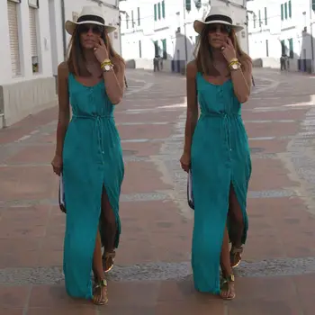 Yaz Seksi Kadın Kolsuz Spagetti Strappy Uzun Maxi Elbise Zarif Bayanlar Yeşil V Yaka Ön Wrap Plaj Elbiseleri