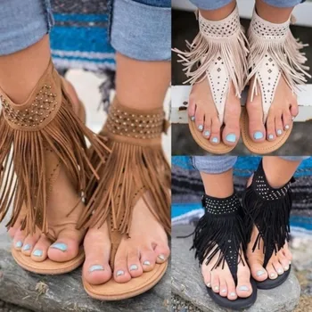 Yazlık Ayakkabı Düz Sandalet Kadınlar Seksi Püskül 2022 Bayan Roma Sandalet Ayakkabı Ayak Bileği Düz Flip Flop Ayakkabı Yaz Kadınlar İçin